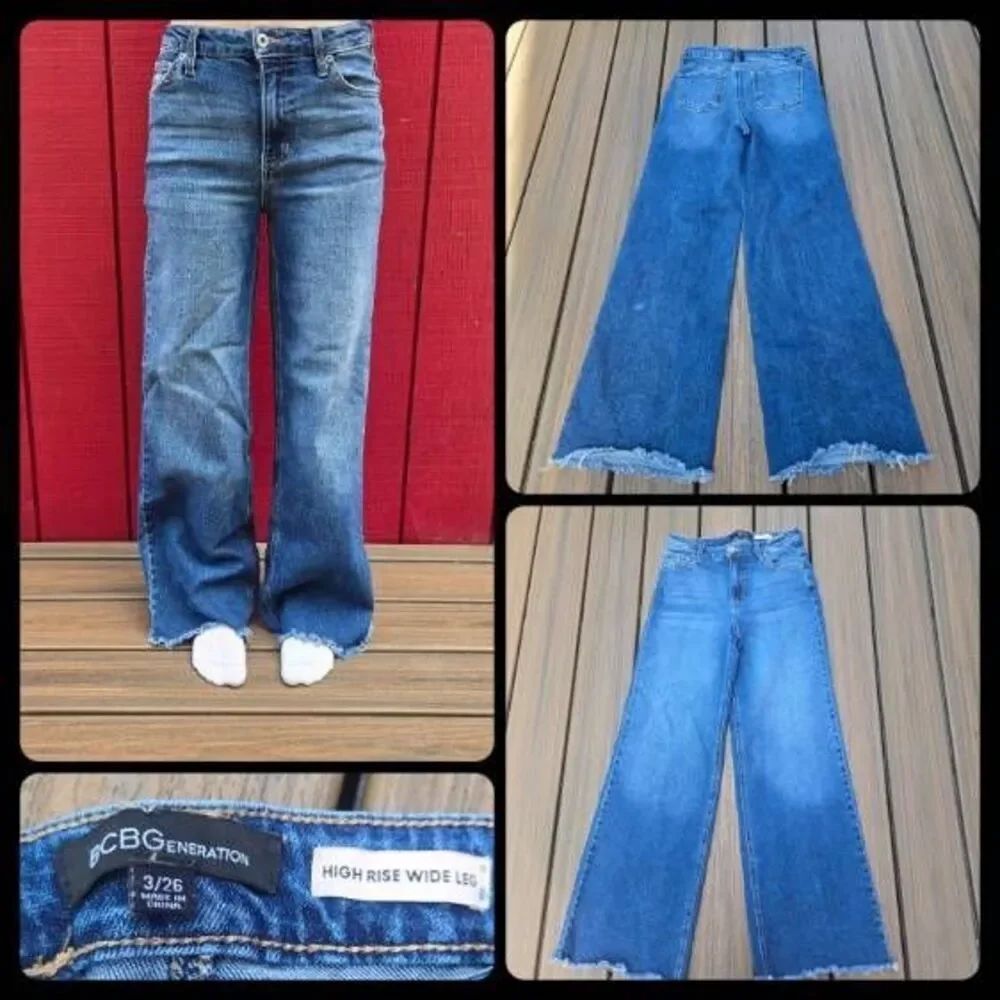 BCBGeneration High Rise wide leg jeans frayed hem, stretch size 3 cute